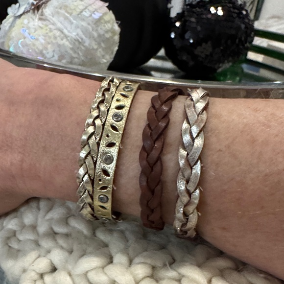 Bundle 3 Hollister braided bling gold silver brown faux leather bracelets - Picture 2 of 5